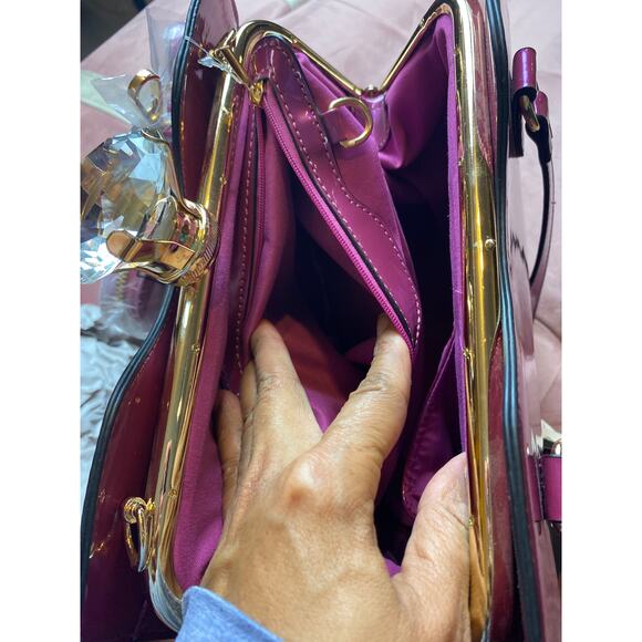 Le Miel Purple Glossy Patent Leather Faux Diamond 2-n-1 2x Handle Handbag RARE - Picture 11 of 16